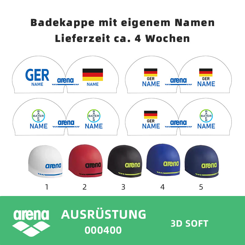 Personalisierte Schwimmkappe – mit Deutschland-Fahne, eigenem Namen & eigenem Vereinslogo – 000400 – ARENA 3D SOFT WETTKAMPF BADEKAPPE DEUTSCHLANDKAPPE / DEUTSCHLAND BADEKAPPE