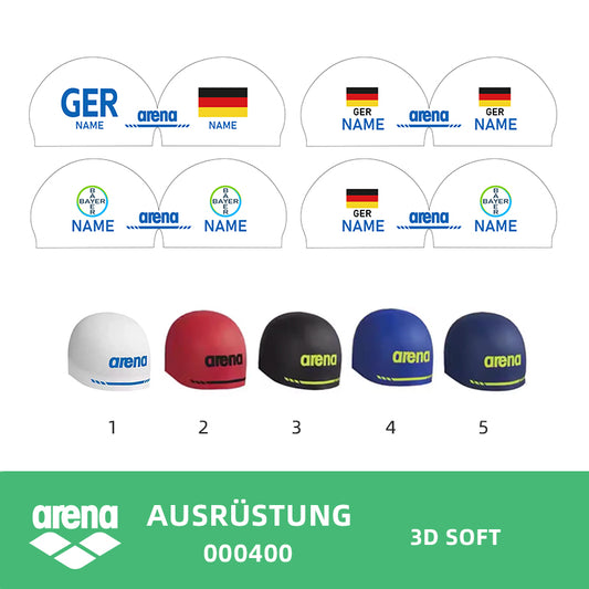 Personalisierte Schwimmkappe – mit Deutschland-Fahne, eigenem Namen & eigenem Vereinslogo – 000400 – ARENA 3D SOFT WETTKAMPF BADEKAPPE DEUTSCHLANDKAPPE / DEUTSCHLAND BADEKAPPE