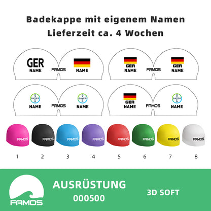 Personalisierte Schwimmkappe – mit Deutschland-Fahne, eigenem Namen & eigenem Vereinslogo – 000500 – FAMOS BADEKAPPE TRAININGSKAPPE DEUTSCHLANDKAPPE / DEUTSCHLAND BADEKAPPE