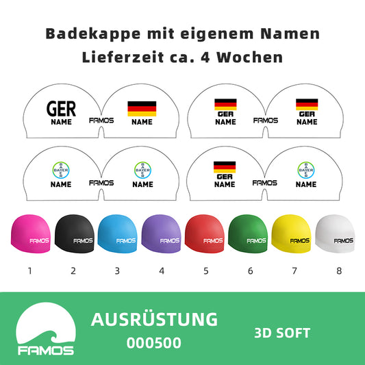 Personalisierte Schwimmkappe – mit Deutschland-Fahne, eigenem Namen & eigenem Vereinslogo – 000500 – FAMOS BADEKAPPE TRAININGSKAPPE DEUTSCHLANDKAPPE / DEUTSCHLAND BADEKAPPE
