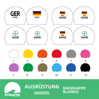 Personalisierte Schwimmkappe – mit Deutschland-Fahne, eigenem Namen & eigenem Vereinslogo – 000505 – BLANKO BADEKAPPE TRAININGSKAPPE / DEUTSCHLANDKAPPE / DEUTSCHLAND BADEKAPPE