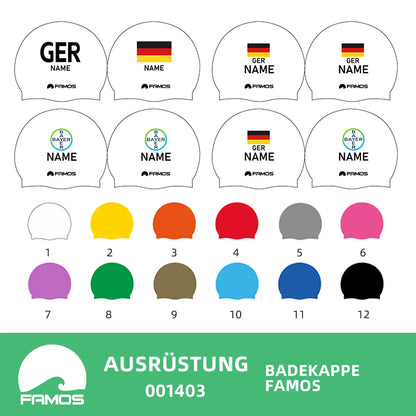 Personalisierte Schwimmkappe – mit Deutschland-Fahne, eigenem Namen & eigenem Vereinslogo – 001403 – FAMOS BADEKAPPE TRAININGSKAPPE DEUTSCHLANDKAPPE / DEUTSCHLAND BADEKAPPE