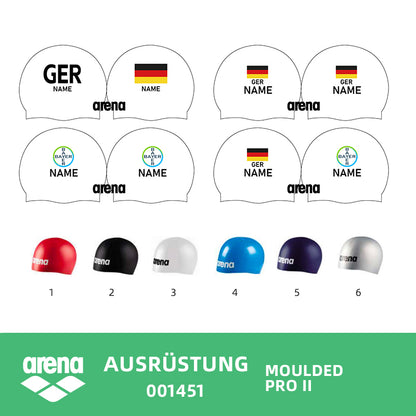 Personalisierte Schwimmkappe – mit Deutschland-Fahne, eigenem Namen & eigenem Vereinslogo –  001451 – ARENA WETTKAMPF-BADEKAPPE MOULDED PRO II / DEUTSCHLANDKAPPE / DEUTSCHLAND BADEKAPPE