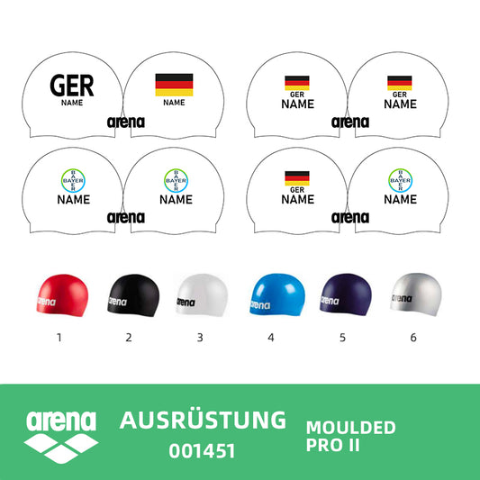 Personalisierte Schwimmkappe – mit Deutschland-Fahne, eigenem Namen & eigenem Vereinslogo –  001451 – ARENA WETTKAMPF-BADEKAPPE MOULDED PRO II / DEUTSCHLANDKAPPE / DEUTSCHLAND BADEKAPPE