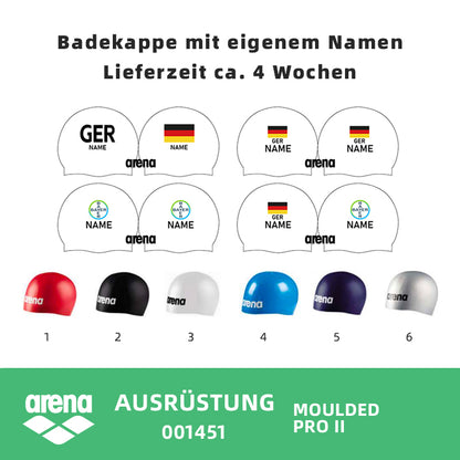Personalisierte Schwimmkappe – mit Deutschland-Fahne, eigenem Namen & eigenem Vereinslogo –  001451 – ARENA WETTKAMPF-BADEKAPPE MOULDED PRO II / DEUTSCHLANDKAPPE / DEUTSCHLAND BADEKAPPE