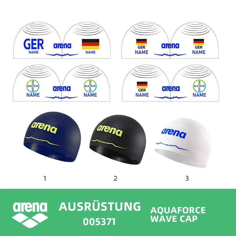 Personalisierte Schwimmkappe – mit Deutschland-Fahne, eigenem Namen & eigenem Vereinslogo – 005371 – AQUAFORCE WAVE CAP ARENA WETTKAMPF BADEKAPPE / DEUTSCHLANDKAPPE / DEUTSCHLAND BADEKAPPE