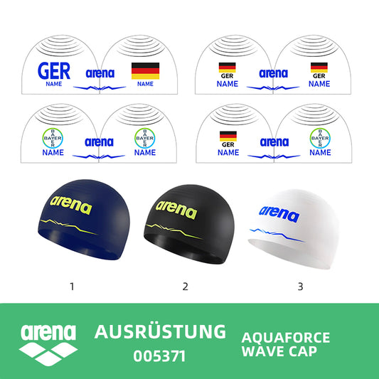 Personalisierte Schwimmkappe – mit Deutschland-Fahne, eigenem Namen & eigenem Vereinslogo – 005371 – AQUAFORCE WAVE CAP ARENA WETTKAMPF BADEKAPPE / DEUTSCHLANDKAPPE / DEUTSCHLAND BADEKAPPE