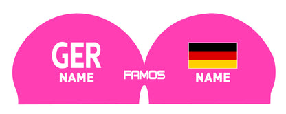 Personalisierte Schwimmkappe – mit Deutschland-Fahne, eigenem Namen & eigenem Vereinslogo – 000500 – FAMOS BADEKAPPE TRAININGSKAPPE DEUTSCHLANDKAPPE / DEUTSCHLAND BADEKAPPE