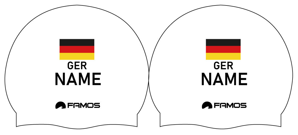 Personalisierte Schwimmkappe – mit Deutschland-Fahne, eigenem Namen & eigenem Vereinslogo – 001403 – FAMOS BADEKAPPE TRAININGSKAPPE DEUTSCHLANDKAPPE / DEUTSCHLAND BADEKAPPE