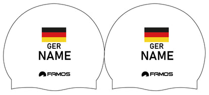 Personalisierte Schwimmkappe – mit Deutschland-Fahne, eigenem Namen & eigenem Vereinslogo – 001403 – FAMOS BADEKAPPE TRAININGSKAPPE DEUTSCHLANDKAPPE / DEUTSCHLAND BADEKAPPE