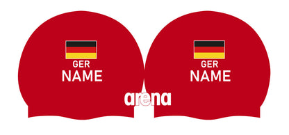 Personalisierte Schwimmkappe – mit Deutschland-Fahne, eigenem Namen & eigenem Vereinslogo –  001451 – ARENA WETTKAMPF-BADEKAPPE MOULDED PRO II / DEUTSCHLANDKAPPE / DEUTSCHLAND BADEKAPPE