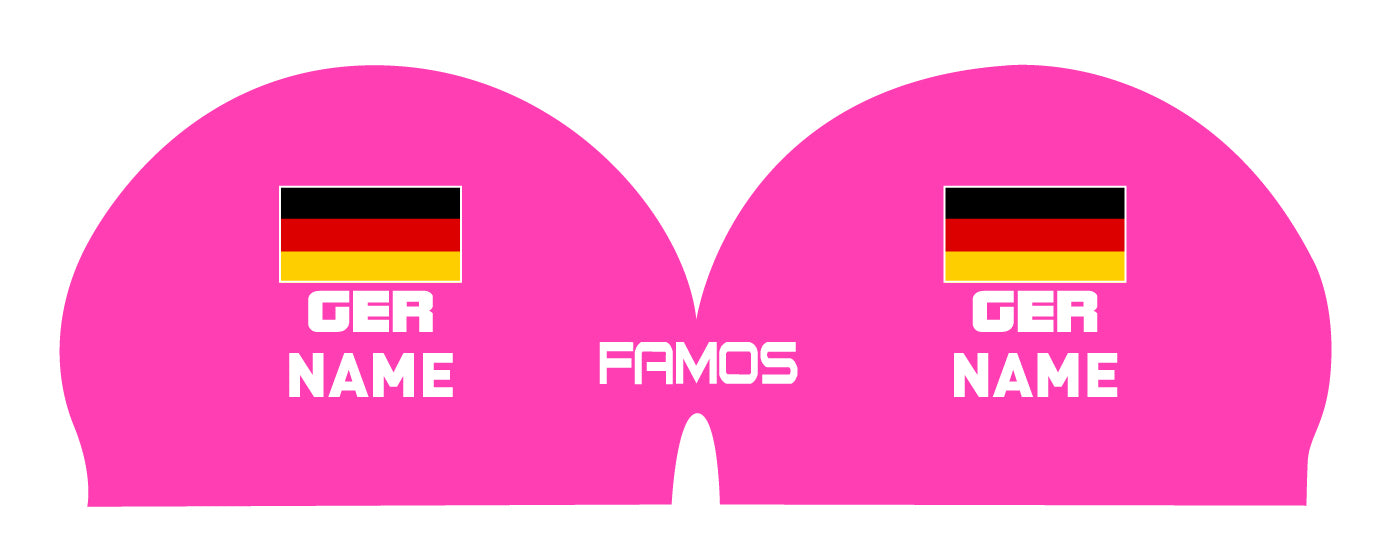 Personalisierte Schwimmkappe – mit Deutschland-Fahne, eigenem Namen & eigenem Vereinslogo – 000500 – FAMOS BADEKAPPE TRAININGSKAPPE DEUTSCHLANDKAPPE / DEUTSCHLAND BADEKAPPE