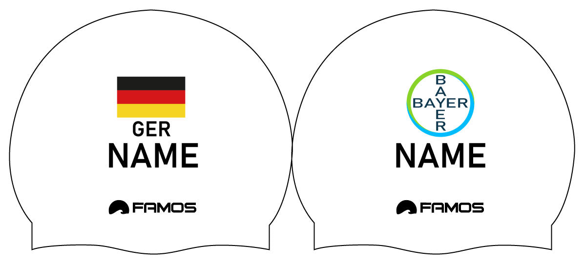 Personalisierte Schwimmkappe – mit Deutschland-Fahne, eigenem Namen & eigenem Vereinslogo – 001403 – FAMOS BADEKAPPE TRAININGSKAPPE DEUTSCHLANDKAPPE / DEUTSCHLAND BADEKAPPE