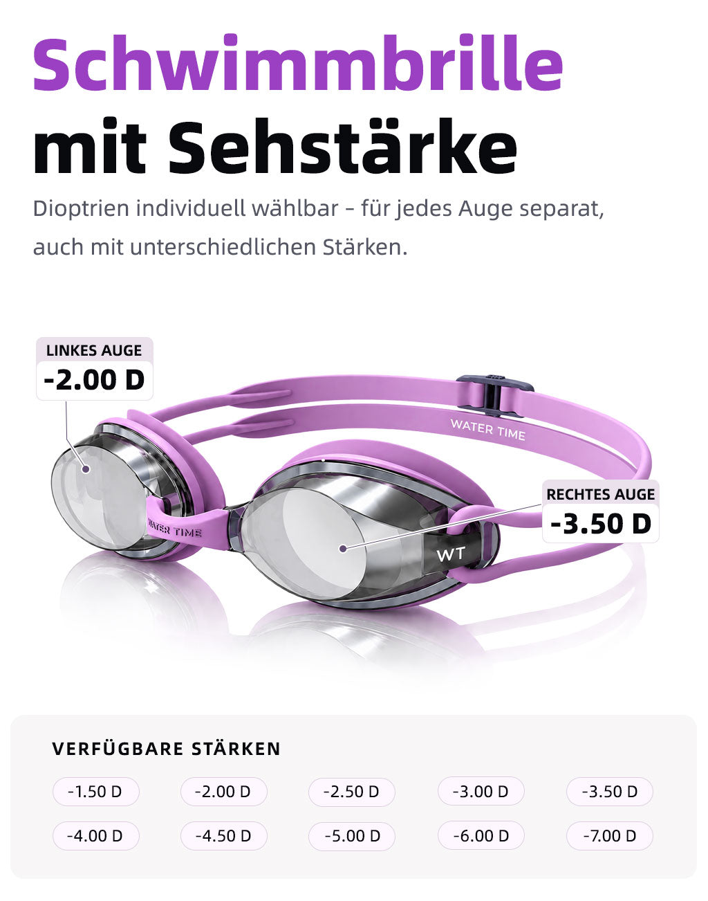 WATER TIME verspiegelte dioptrische Schwimmbrille Swim Goggles mit Sehstärke Trainingsbrille Wettkampfbrille für Kurzsichtige Dioptrien Dioptrienstärke