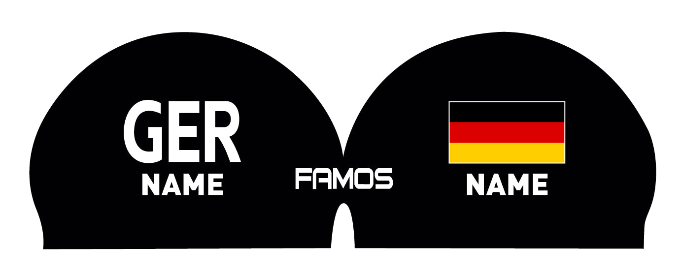Personalisierte Schwimmkappe – mit Deutschland-Fahne, eigenem Namen & eigenem Vereinslogo – 000500 – FAMOS BADEKAPPE TRAININGSKAPPE DEUTSCHLANDKAPPE / DEUTSCHLAND BADEKAPPE
