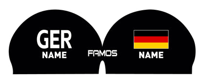 Personalisierte Schwimmkappe – mit Deutschland-Fahne, eigenem Namen & eigenem Vereinslogo – 000500 – FAMOS BADEKAPPE TRAININGSKAPPE DEUTSCHLANDKAPPE / DEUTSCHLAND BADEKAPPE
