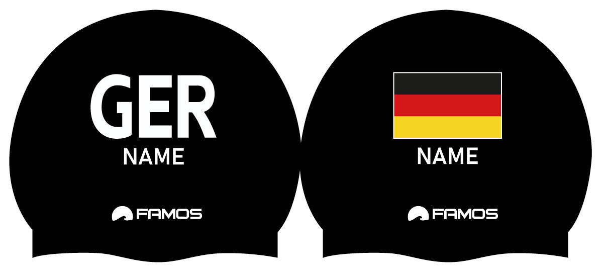 Personalisierte Schwimmkappe – mit Deutschland-Fahne, eigenem Namen & eigenem Vereinslogo – 001403 – FAMOS BADEKAPPE TRAININGSKAPPE DEUTSCHLANDKAPPE / DEUTSCHLAND BADEKAPPE