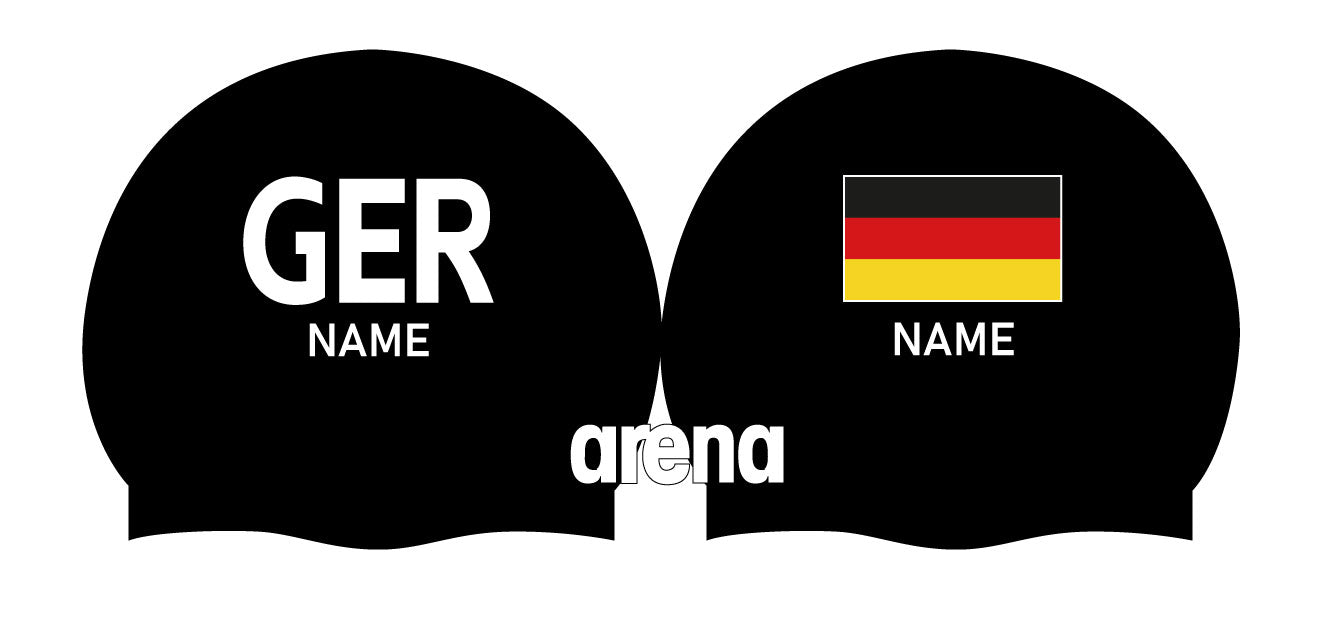 Personalisierte Schwimmkappe – mit Deutschland-Fahne, eigenem Namen & eigenem Vereinslogo –  001451 – ARENA WETTKAMPF-BADEKAPPE MOULDED PRO II / DEUTSCHLANDKAPPE / DEUTSCHLAND BADEKAPPE