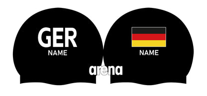 Personalisierte Schwimmkappe – mit Deutschland-Fahne, eigenem Namen & eigenem Vereinslogo –  001451 – ARENA WETTKAMPF-BADEKAPPE MOULDED PRO II / DEUTSCHLANDKAPPE / DEUTSCHLAND BADEKAPPE