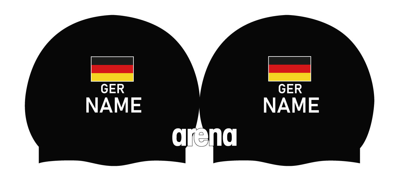 Personalisierte Schwimmkappe – mit Deutschland-Fahne, eigenem Namen & eigenem Vereinslogo –  001451 – ARENA WETTKAMPF-BADEKAPPE MOULDED PRO II / DEUTSCHLANDKAPPE / DEUTSCHLAND BADEKAPPE