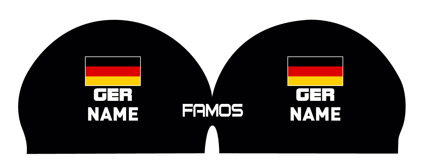 Personalisierte Schwimmkappe – mit Deutschland-Fahne, eigenem Namen & eigenem Vereinslogo – 000500 – FAMOS BADEKAPPE TRAININGSKAPPE DEUTSCHLANDKAPPE / DEUTSCHLAND BADEKAPPE