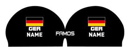 Personalisierte Schwimmkappe – mit Deutschland-Fahne, eigenem Namen & eigenem Vereinslogo – 000500 – FAMOS BADEKAPPE TRAININGSKAPPE DEUTSCHLANDKAPPE / DEUTSCHLAND BADEKAPPE