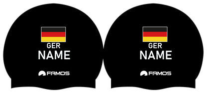 Personalisierte Schwimmkappe – mit Deutschland-Fahne, eigenem Namen & eigenem Vereinslogo – 001403 – FAMOS BADEKAPPE TRAININGSKAPPE DEUTSCHLANDKAPPE / DEUTSCHLAND BADEKAPPE
