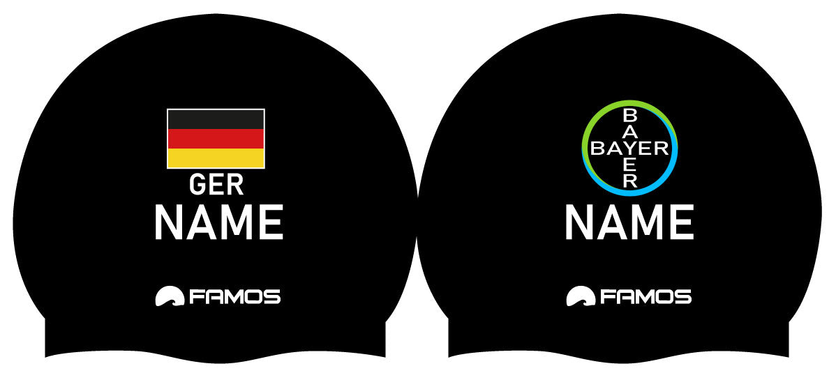 Personalisierte Schwimmkappe – mit Deutschland-Fahne, eigenem Namen & eigenem Vereinslogo – 001403 – FAMOS BADEKAPPE TRAININGSKAPPE DEUTSCHLANDKAPPE / DEUTSCHLAND BADEKAPPE