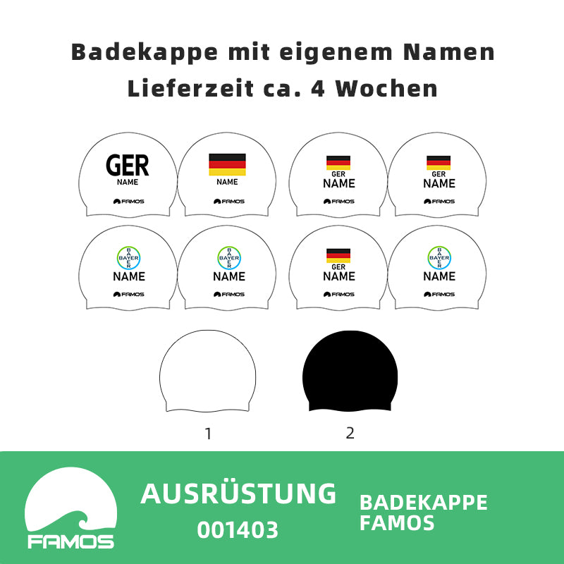 Personalisierte Schwimmkappe – mit Deutschland-Fahne, eigenem Namen & eigenem Vereinslogo – 001403 – FAMOS BADEKAPPE TRAININGSKAPPE DEUTSCHLANDKAPPE / DEUTSCHLAND BADEKAPPE