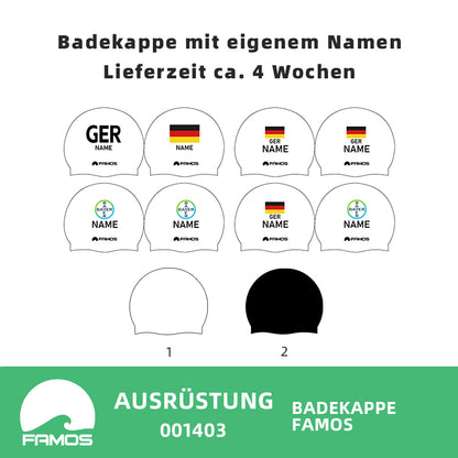 Personalisierte Schwimmkappe – mit Deutschland-Fahne, eigenem Namen & eigenem Vereinslogo – 001403 – FAMOS BADEKAPPE TRAININGSKAPPE DEUTSCHLANDKAPPE / DEUTSCHLAND BADEKAPPE