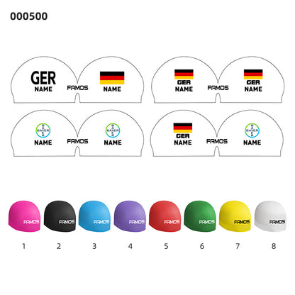 Personalisierte Schwimmkappe – mit Deutschland-Fahne, eigenem Namen & eigenem Vereinslogo – 000500 – FAMOS BADEKAPPE TRAININGSKAPPE DEUTSCHLANDKAPPE / DEUTSCHLAND BADEKAPPE