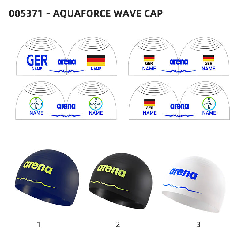 Personalisierte Schwimmkappe – mit Deutschland-Fahne, eigenem Namen & eigenem Vereinslogo – 005371 – AQUAFORCE WAVE CAP ARENA WETTKAMPF BADEKAPPE / DEUTSCHLANDKAPPE / DEUTSCHLAND BADEKAPPE