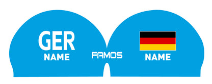 Personalisierte Schwimmkappe – mit Deutschland-Fahne, eigenem Namen & eigenem Vereinslogo – 000500 – FAMOS BADEKAPPE TRAININGSKAPPE DEUTSCHLANDKAPPE / DEUTSCHLAND BADEKAPPE