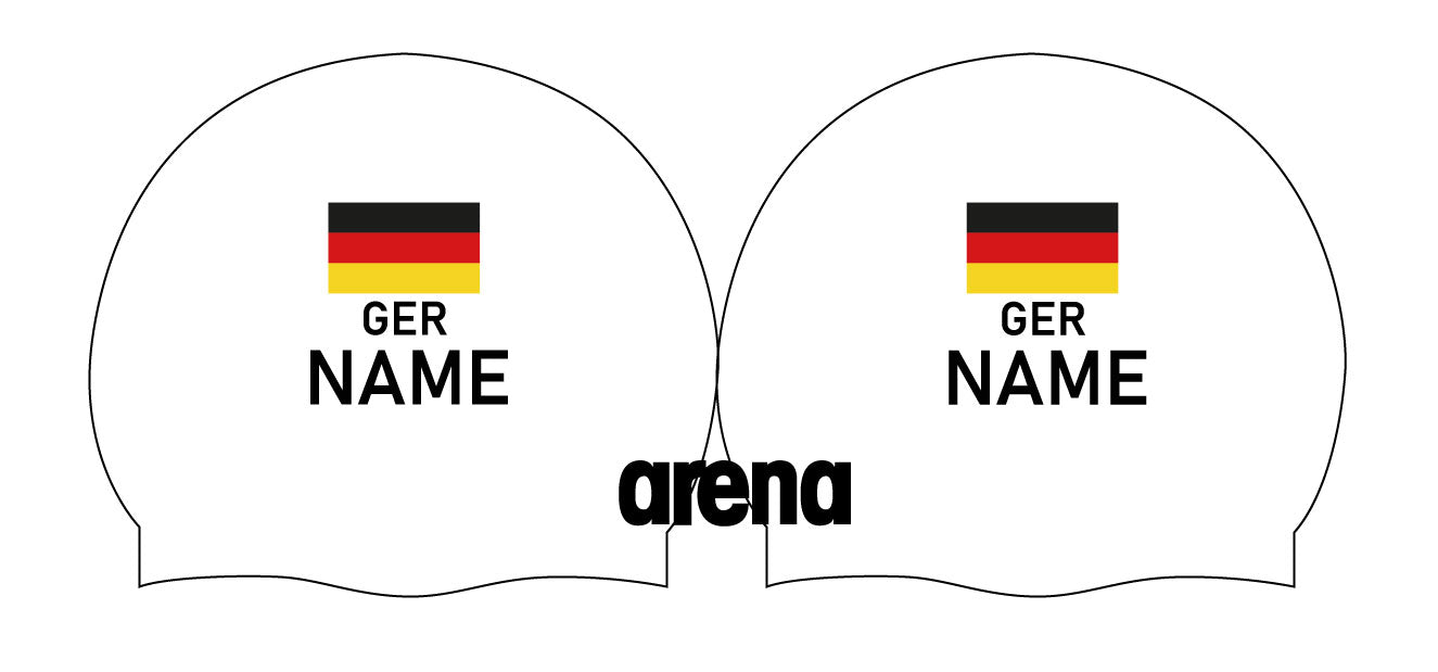 Personalisierte Schwimmkappe – mit Deutschland-Fahne, eigenem Namen & eigenem Vereinslogo –  001451 – ARENA WETTKAMPF-BADEKAPPE MOULDED PRO II / DEUTSCHLANDKAPPE / DEUTSCHLAND BADEKAPPE