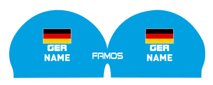 Personalisierte Schwimmkappe – mit Deutschland-Fahne, eigenem Namen & eigenem Vereinslogo – 000500 – FAMOS BADEKAPPE TRAININGSKAPPE DEUTSCHLANDKAPPE / DEUTSCHLAND BADEKAPPE