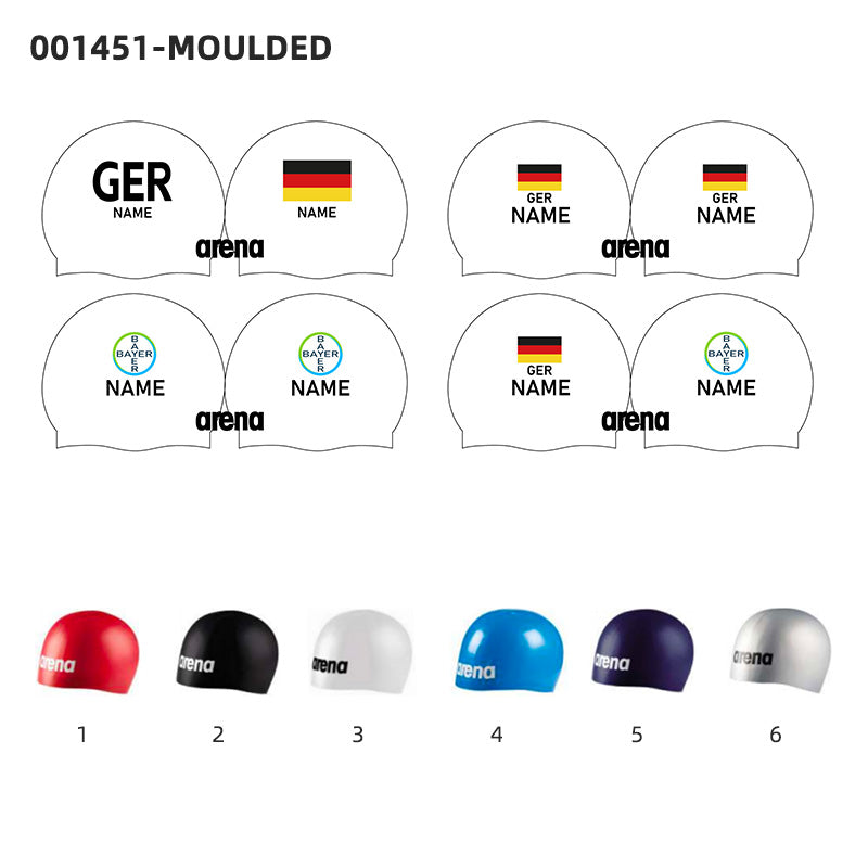 Personalisierte Schwimmkappe – mit Deutschland-Fahne, eigenem Namen & eigenem Vereinslogo –  001451 – ARENA WETTKAMPF-BADEKAPPE MOULDED PRO II / DEUTSCHLANDKAPPE / DEUTSCHLAND BADEKAPPE