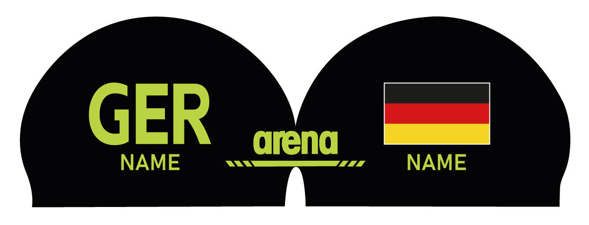 Personalisierte Schwimmkappe – mit Deutschland-Fahne, eigenem Namen & eigenem Vereinslogo – 000400 – ARENA 3D SOFT WETTKAMPF BADEKAPPE DEUTSCHLANDKAPPE / DEUTSCHLAND BADEKAPPE