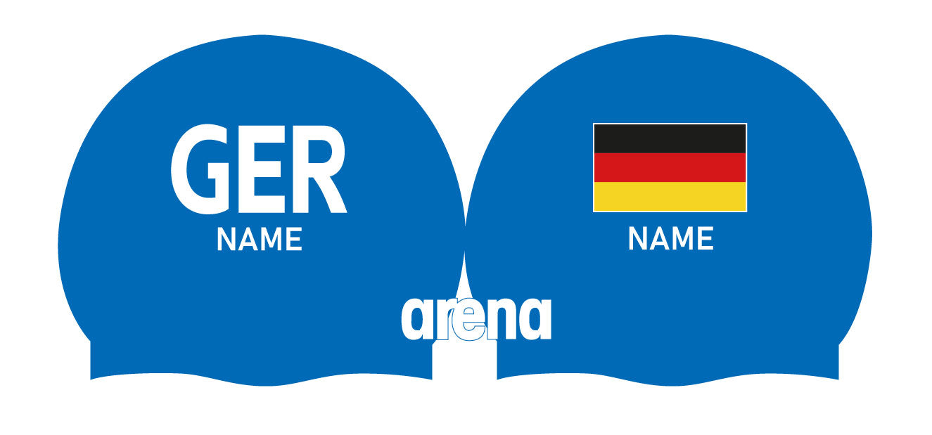 Personalisierte Schwimmkappe – mit Deutschland-Fahne, eigenem Namen & eigenem Vereinslogo –  001451 – ARENA WETTKAMPF-BADEKAPPE MOULDED PRO II / DEUTSCHLANDKAPPE / DEUTSCHLAND BADEKAPPE