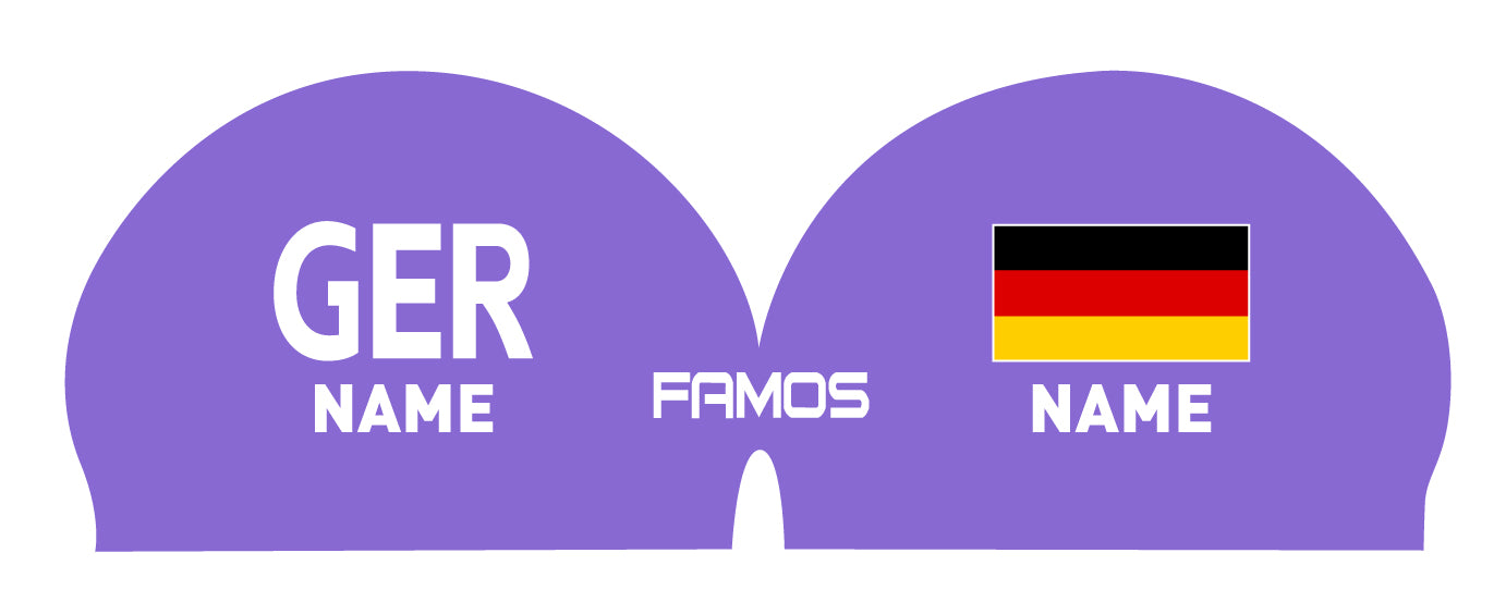 Personalisierte Schwimmkappe – mit Deutschland-Fahne, eigenem Namen & eigenem Vereinslogo – 000500 – FAMOS BADEKAPPE TRAININGSKAPPE DEUTSCHLANDKAPPE / DEUTSCHLAND BADEKAPPE