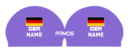 Personalisierte Schwimmkappe – mit Deutschland-Fahne, eigenem Namen & eigenem Vereinslogo – 000500 – FAMOS BADEKAPPE TRAININGSKAPPE DEUTSCHLANDKAPPE / DEUTSCHLAND BADEKAPPE