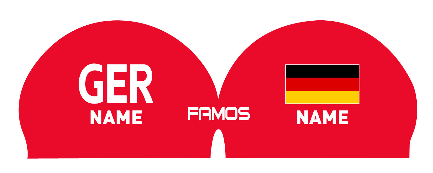 Personalisierte Schwimmkappe – mit Deutschland-Fahne, eigenem Namen & eigenem Vereinslogo – 000500 – FAMOS BADEKAPPE TRAININGSKAPPE DEUTSCHLANDKAPPE / DEUTSCHLAND BADEKAPPE