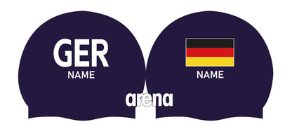 Personalisierte Schwimmkappe – mit Deutschland-Fahne, eigenem Namen & eigenem Vereinslogo –  001451 – ARENA WETTKAMPF-BADEKAPPE MOULDED PRO II / DEUTSCHLANDKAPPE / DEUTSCHLAND BADEKAPPE