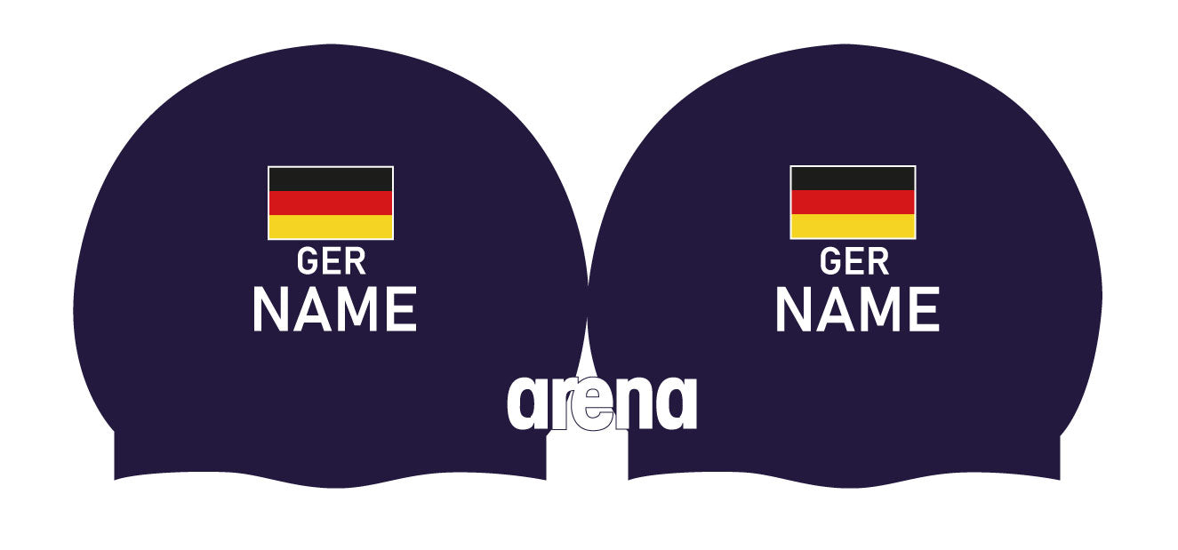 Personalisierte Schwimmkappe – mit Deutschland-Fahne, eigenem Namen & eigenem Vereinslogo –  001451 – ARENA WETTKAMPF-BADEKAPPE MOULDED PRO II / DEUTSCHLANDKAPPE / DEUTSCHLAND BADEKAPPE