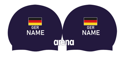 Personalisierte Schwimmkappe – mit Deutschland-Fahne, eigenem Namen & eigenem Vereinslogo –  001451 – ARENA WETTKAMPF-BADEKAPPE MOULDED PRO II / DEUTSCHLANDKAPPE / DEUTSCHLAND BADEKAPPE