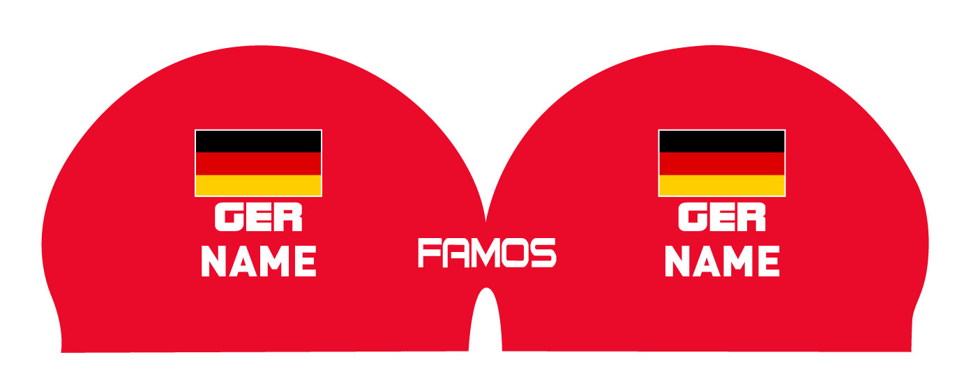 Personalisierte Schwimmkappe – mit Deutschland-Fahne, eigenem Namen & eigenem Vereinslogo – 000500 – FAMOS BADEKAPPE TRAININGSKAPPE DEUTSCHLANDKAPPE / DEUTSCHLAND BADEKAPPE