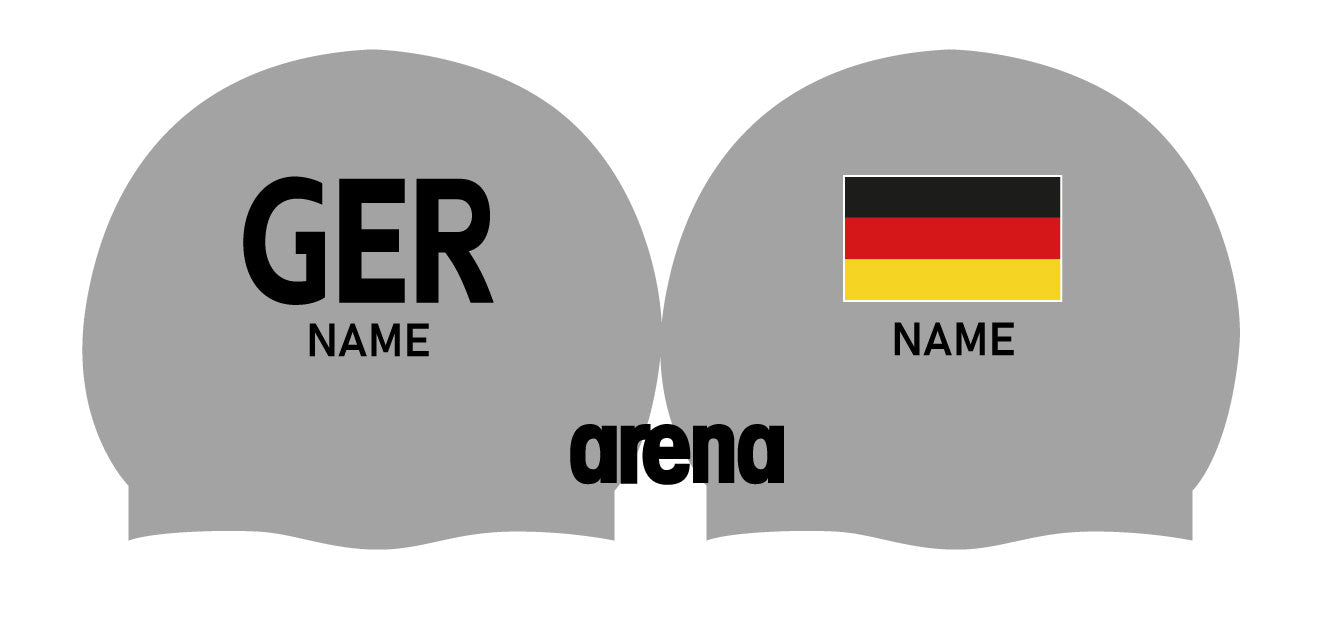 Personalisierte Schwimmkappe – mit Deutschland-Fahne, eigenem Namen & eigenem Vereinslogo –  001451 – ARENA WETTKAMPF-BADEKAPPE MOULDED PRO II / DEUTSCHLANDKAPPE / DEUTSCHLAND BADEKAPPE