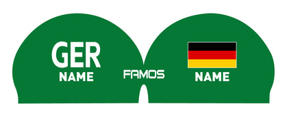 Personalisierte Schwimmkappe – mit Deutschland-Fahne, eigenem Namen & eigenem Vereinslogo – 000500 – FAMOS BADEKAPPE TRAININGSKAPPE DEUTSCHLANDKAPPE / DEUTSCHLAND BADEKAPPE