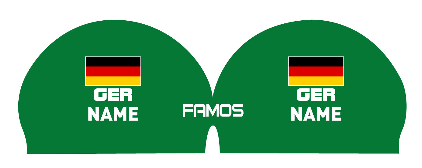 Personalisierte Schwimmkappe – mit Deutschland-Fahne, eigenem Namen & eigenem Vereinslogo – 000500 – FAMOS BADEKAPPE TRAININGSKAPPE DEUTSCHLANDKAPPE / DEUTSCHLAND BADEKAPPE