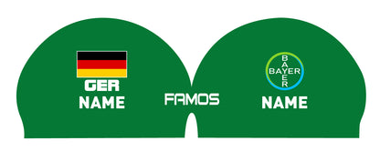Personalisierte Schwimmkappe – mit Deutschland-Fahne, eigenem Namen & eigenem Vereinslogo – 000500 – FAMOS BADEKAPPE TRAININGSKAPPE DEUTSCHLANDKAPPE / DEUTSCHLAND BADEKAPPE