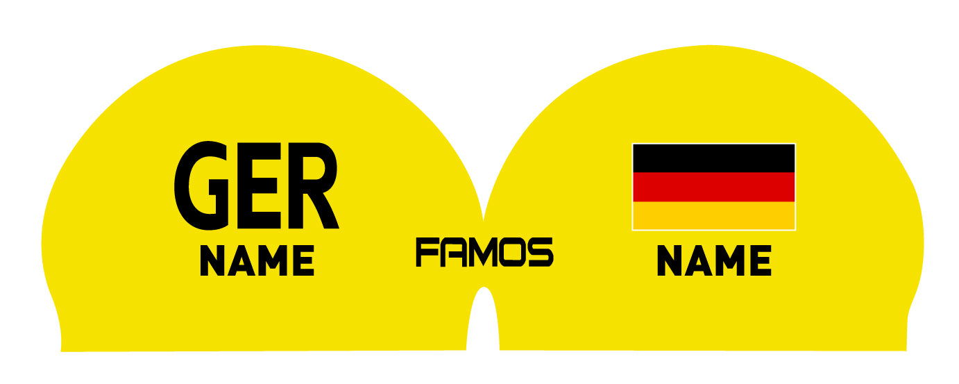 Personalisierte Schwimmkappe – mit Deutschland-Fahne, eigenem Namen & eigenem Vereinslogo – 000500 – FAMOS BADEKAPPE TRAININGSKAPPE DEUTSCHLANDKAPPE / DEUTSCHLAND BADEKAPPE